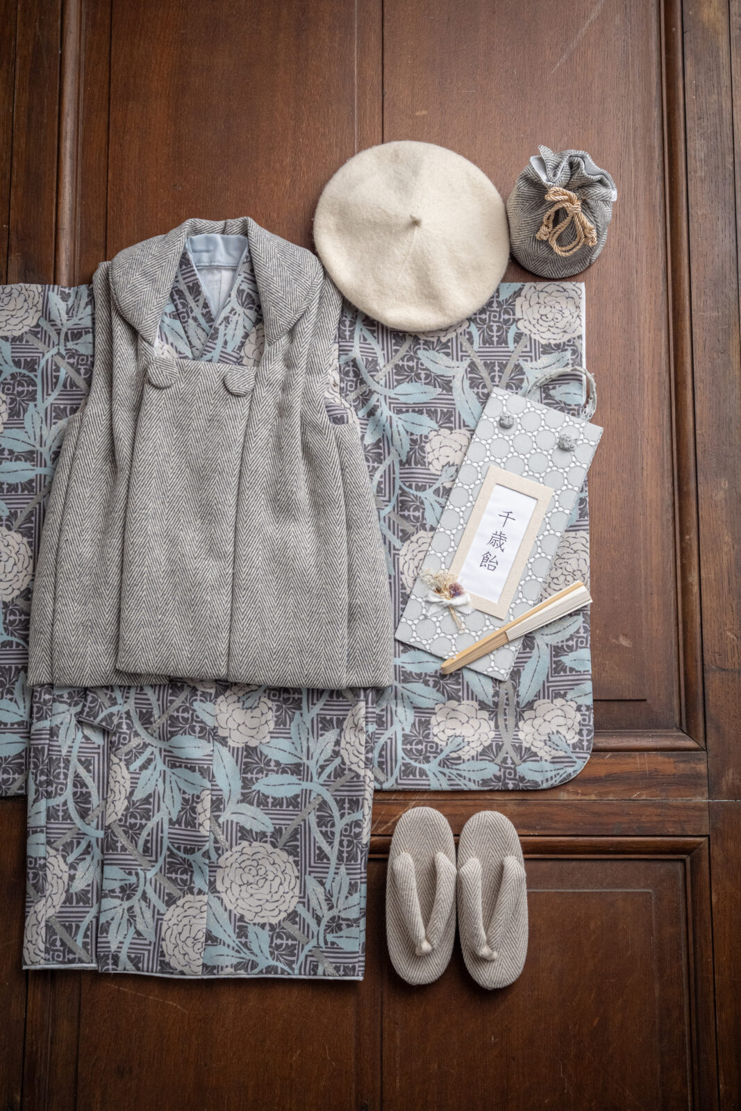 3歳 被布 男の子 植物ブルーグレー 95–110cm（studio ate 七五三衣装）